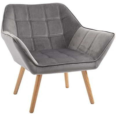 Image of HOMCOM Armchair Accent Chair, Vanity Chair with Wide Arms, Slanted Back, Padding, Metal Frame, Wooden Legs, Home Bedroom Furniture Seating, Grey