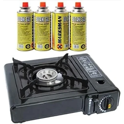 Image of T&amp;B Premium Camping Gas Stove with Automatic Ignition Portable BUTANE Canisters + Carry Case indoor/outdoor Caravan Cooker best Accessories (STOVE 4 CANS)