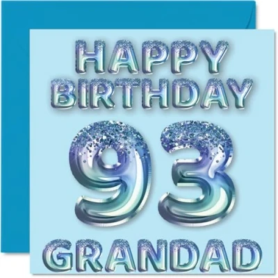 Image of 93rd Birthday Card for Grandad Blue Glitter Party Balloons Happy Cards 93 Year Old from Grandson Granddaughter, 145mm x Bday Greeting Gift