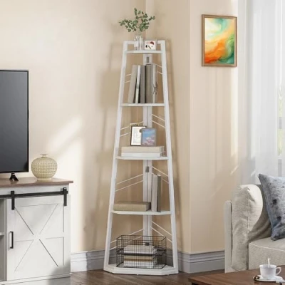 Image of YITAHOME Corner shelf 5 Tier, Industrial Bookshelf Modern Floorstanding Bookcase Ladder Wooden Open Shelving Unit for Living Room, Hallway, Home Office, Pure White Book