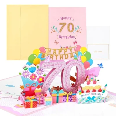 Image of Joyoldelf 70 Years Old Birthday Card, Pop Up Greeting Cards, 3D Card Cards with Envelope for Women Mothers Girls Friends Romance Gift 210 x 290 mm