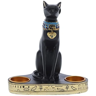 Image of Figurine Candle Holder Ancient Egypt Cat Goddess Statue Tea Light Collectible Sculpture for Home Decor