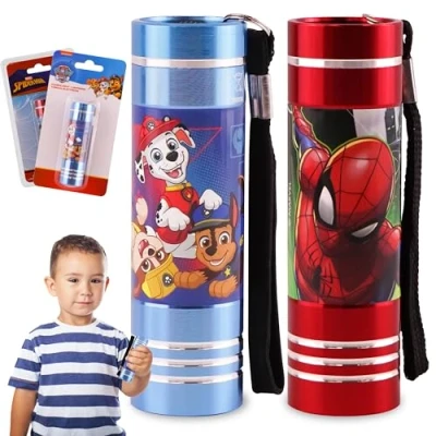 Image of 2Pcs Children&#039;s Christmas Torches, PAW Patrol and Spiderman LED Torch, Super Bright Aluminium Nightlights with Lanyard for Travel, Kids Xmas Flashlights Gift 3+ Years Size 8.7cm