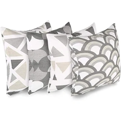 Image of Penguin Home Set of 4 100% Slub Cotton Fabric Cushion Covers 45cm x Double Sided Square Pillow with Invisible Zipper Cases for Living Room, Bedroom, Sofa (Grey/White)