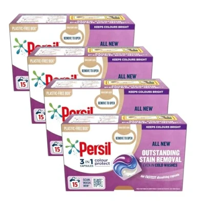 Image of Persil 3 in 1 Colour Protect Laundry Capsules, 326.5g, 15 Washes per Box, Pack of 4 Plastic Free Box Outstanding Stain Removal Even Cold Keeps Colours Bright Fast Dissolving Capsules