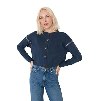 Image of Trendyol Women&#039;s Woman Regular Standard Crew Neck Knitwear Cardigan Sweater, Indigo, L