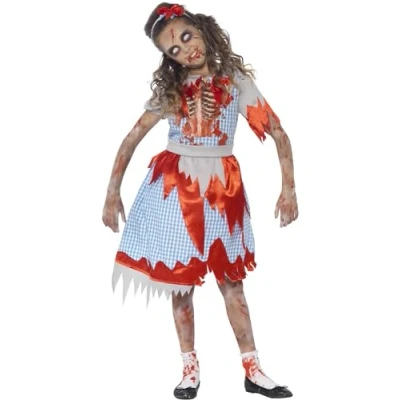 Image of Smiffy&#039;s Children&#039;s Zombie Country Girl Costume, Dress, Skeleton Detail &amp; Headband, Colour: Blue and Red, Size: M, 44284