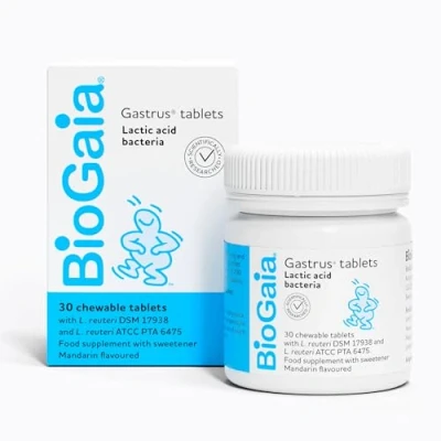 Image of BioGaia Gastrus Advanced Probiotic Chewable for Gut Health, Dual Strains of Patented Lactobacillus Reuteri, Premium Bacterial Cultures to Help Balance Flora, Digestive Tablets with L. Reuteri