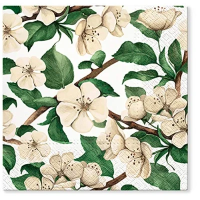 Image of Tete a 3Ply Flowery Tissue Paper Napkins Serviettes 33cm x Pack of 20 (Apple Blossoms)