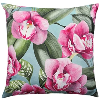 Image of Evans Lichfield Orchids Outdoor Cushion Cover, Duck Egg, 43 x 43cm