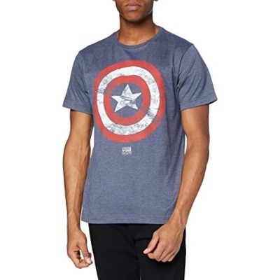 Image of Marvel Men&#039;s Captain America Shield T Shirt, Heather Navy, L UK