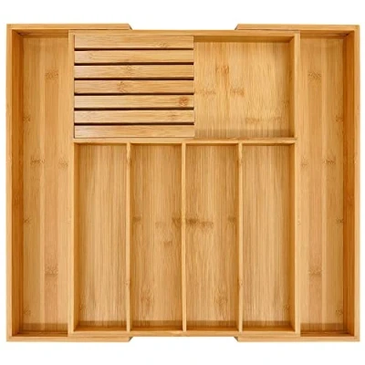Image of VaeFae Bamboo Cutlery Organizer for Kitchen, Wooden Utensil Drawer Organizer, Expandable Tray and Holder