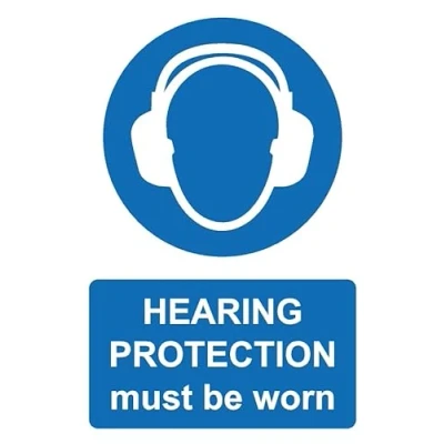 Image of Hearing protection must be worn safety sign Self adhesive sticker (200mm x 150mm)