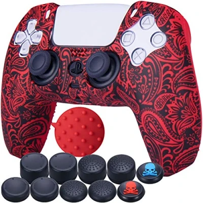 Image of 9CDeer 1 Piece of Silicone Transfer Print Protective Cover Skin + 10 Thumb Grips for Playstation 5 / PS5 Controller Foliage Red