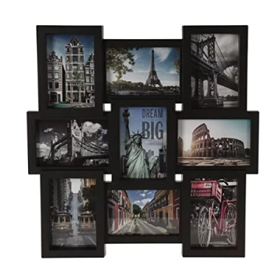 Image of Modern Black 9 Aperture Layered Multi 4 x 6 Photo Frame Wall Mounted Multiple Picture 6x4 Collage Display Large Family Frames 45cm