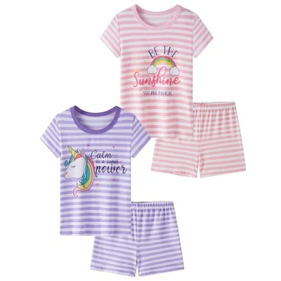 Image of SOIBEEN Girls Pyjama Set Short Sleeve Unicorn T Shirt &amp; Shorts Loungewear Pink Purple Striped PJs for Kids Sleepwear Nightwear 7 8 Years