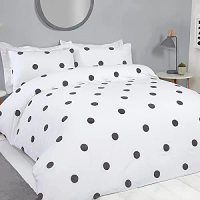 Image of Sleepdown Tufted Polka Dots Circles White Charcoal Soft Cosy Easy Care Luxury Duvet Cover Quilt Bedding Set with Pillowcases King (230cm x 220cm)