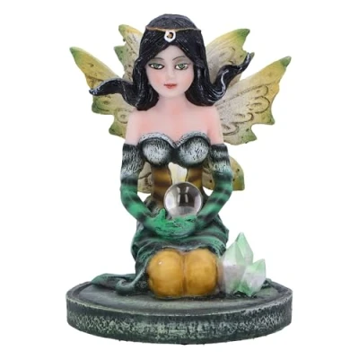 Image of Nemesis Now Crystal Fairy Jade Figurine 9cm, Resin, Green, in Nature Featuring Crystals, Kneeling Holding Glass Ball, Fantasy Gift, Cast the Finest Expertly Hand Painted