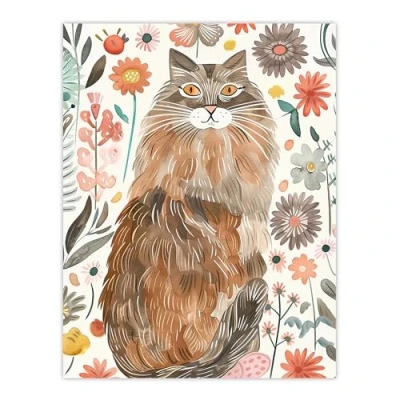 Image of Artery8 Cat Lover Maine Coon Folk Art Floral Watercolour Living Room Large Wall Poster Print Thick Paper 18X24 Inch