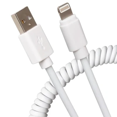 Image of Maplin Lightning to USB A Coiled Curly Charging Cable Extending 0.5m, White, Compatible with all iPhones 14, 13, 12, 11, SE, iPad Air/Mini (2019), (up 2021), Airpods (w/Lightning Case)