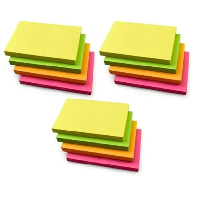 Image of 12 Pads Rectangular Sticky Notes 127 x 76 mm (5&quot; 3&quot;) Neon Colours Yellow, Pink, Green, Orange 100 Sheets per Pad Self Stick for Office, School, Home