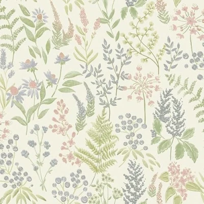 Image of Cream Pink Floral Sprig Wallpaper Green Natural Flower Botanical, Modern Contemporary Feature Wall