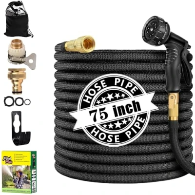 Image of Expandable Garden Hose Pipe 75FT, 3 Times Expanding Flexible Magic Lightweight Watering with 10 Function Spray Gun/Solid Brass Fittings/Anti Leakage (75ft)