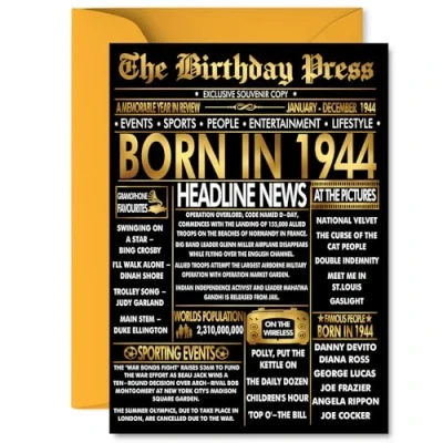 Image of Gold 81st Birthday Card for Men Women Black &amp; Golden Newspaper Born in 1944 Happy 81 Cards Dad Nan Grandad Wife Auntie Nanny, 5x7 Inch Bday Greeting