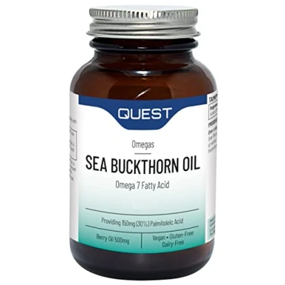 Image of Quest Sea Buckthorn Oil Omega 3, 6 &amp; 7, Berry Palmitoleic Acid Supplement. Supports Skin Eye Health Plus Post Menopause Dryness. Vegan Anti Inflammatory Supplement Tablets (120 Capsules)