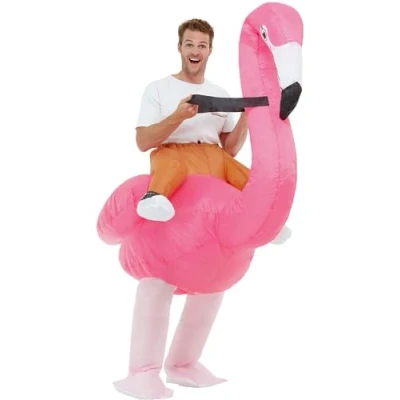 Image of Smiffys Inflatable Ride Em Flamingo Costume, Pink with Oversized Bodysuit &amp; Self Inflating Fan, Party Animals Fancy Dress, Animal Dress Up Costumes