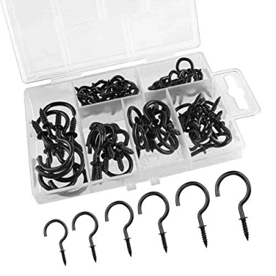 Image of TUPARKA 75Pcs Black Cup Hook Nickel Plated Metal Hooks Screw in Ceiling Holder Multi Size