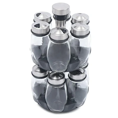 Image of Spice Rack, 12 Jar Revolving Countertop Tower, Stainless Steel Carousel Organizer with Empty Glass Jars, Herb and Seasoning Storage Organization for Kitchen
