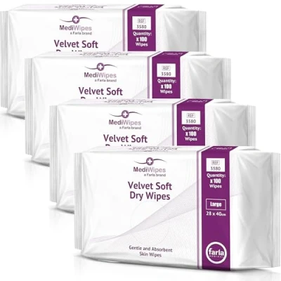 Image of MediWipes Large Soft Dry Wipes, 4 x Pack of 100, Medical Velvet &amp; Super Absorbent Wipes For Adults Babies and Personal Care, Patient Care Homes Body Cleansing