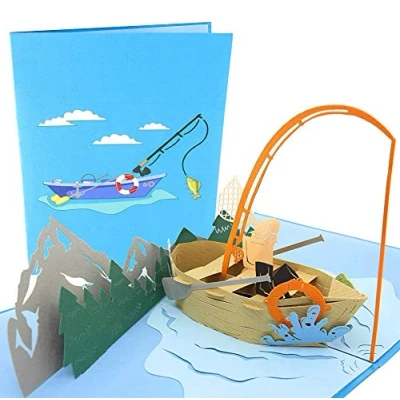 Image of PopLife Fishing Boat Pop Up Card for Dad! 3D Happy Anniversary Up, Father&#039;s Day Card, Birthday, Retirement Folds Flat Mailing Dad, Husband, Son, Boss