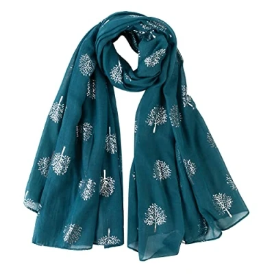 Image of London Scarfs Glitter Mulberry Trees Scarf Women Foil Printed Tree Fashion Ladies Wrap (Teal Green Tree)