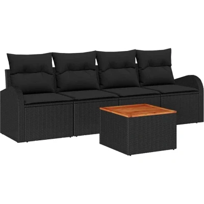 Image of vidaXL 5 Piece Garden Sofa Set with Cushions Black Poly Rattan Acacia