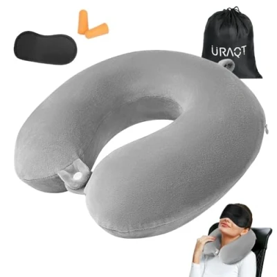 Image of URAQT Travel Pillow, Memory Foam U Shaped Neck Support Pillow with Earplugs Eyemask, Lightweight Quick Pack for Airplane Train Car Camping Sleeping Rest Cushion (Grey)