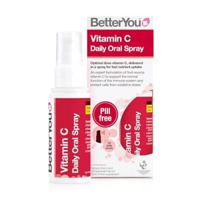 Image of BetterYou Vitamin C Daily Oral Spray, Pill free Supplement, 120mg of Fruit sourced C, 1 month Supply, Made in the UK, Natural Cherry and Blueberry
