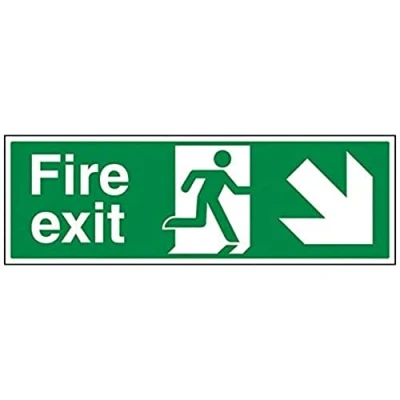 Image of V Safety Fire Exit Arrow Down Right Sign 600mm x 200mm 1mm Rigid Plastic