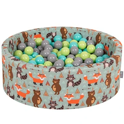 Image of KiddyMoon Soft Ball Pit Round 90X30cm/200 Balls ∅ 7Cm / 2.75In For Kids, Foam Pool Baby Playballs Children, Fox Green:Light Green/Light Turquoise/Grey