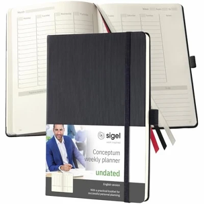 Image of SIGEL CO701 Weekly planner, undated, in English, A5, hardcover, Black Conceptum
