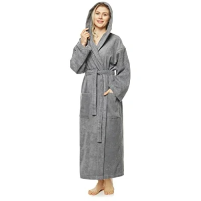 Image of Women`s bathrobe with hood, Astra, calf length or ankle length, 100% cotton terry towelling grey Size: Women M (Unisex S M)