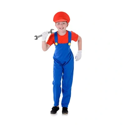 Image of WickedFun® Kid&#039;s Super Boy Plumber Costume 1980s Retro Video Game Fancy Dress Book Week Cosplay For Boys (Red, X Large)