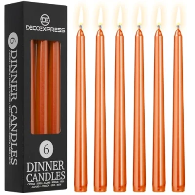 Image of DECO EXPRESS Candles Set Classic Dripless Tapered Metallic Unscented 8H Burning Time, Decorative Dinner for Restaurant Home Christmas, Variety of Packs &amp; Colours (Metallic Orange 6 Pack)