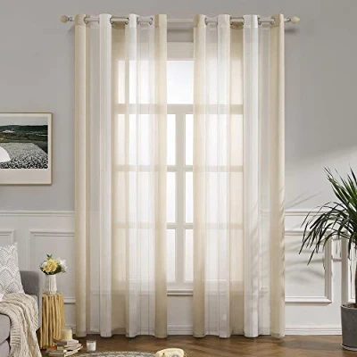 Image of MIULEE Voile Curtains Semi Transparent Soft Elegant Decorative Classic Striped Curtain Translucent Eyelet Top Window Polyester for Bedroom Living Room 2 Panels 55&quot; Wx88 L 140x225cm Beige