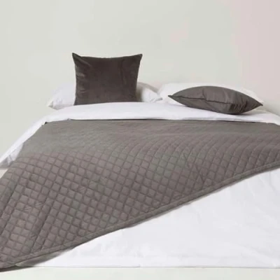 Image of HOMESCAPES Grey Velvet Throw 150 x 200 cm Super Soft Thick Quilted Blanket with Handwoven Diamond Pattern Bedspread Bed or Sofa