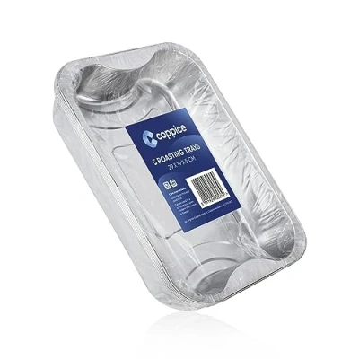 Image of Coppice Strong Aluminium Foil Trays for Baking, BBQ, Roasting, Grilling, &amp; Food Storage 29cm x 19cm 5cm Freezer, Microwave Oven Safe (5 Trays)