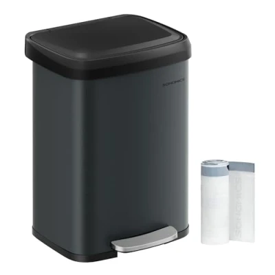 Image of SONGMICS Kitchen Bin, 13 Gallon (50 L) Rubbish Metal Waste Pedal Bin with Lid, Tall and Large, Charcoal Grey Black LTB530G02