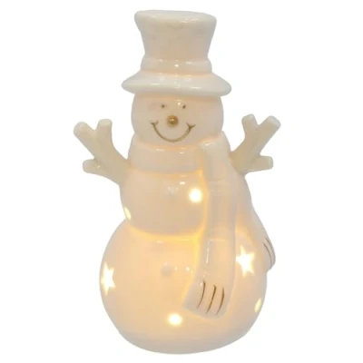 Image of Shudehill Giftware Christmas Frosty Winter White LED Light Up Snowman Ornament Home Decortion Tall, Jolly or Top Hat Designs (Top Hat)