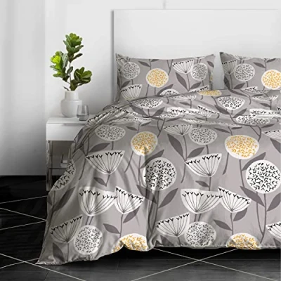 Image of RAYBedding 2PCS Single Duvet Set 100% Egyptian Cotton Bedding Bed 400 Thread Count Floral Printed Grey Cover with Pillow Case